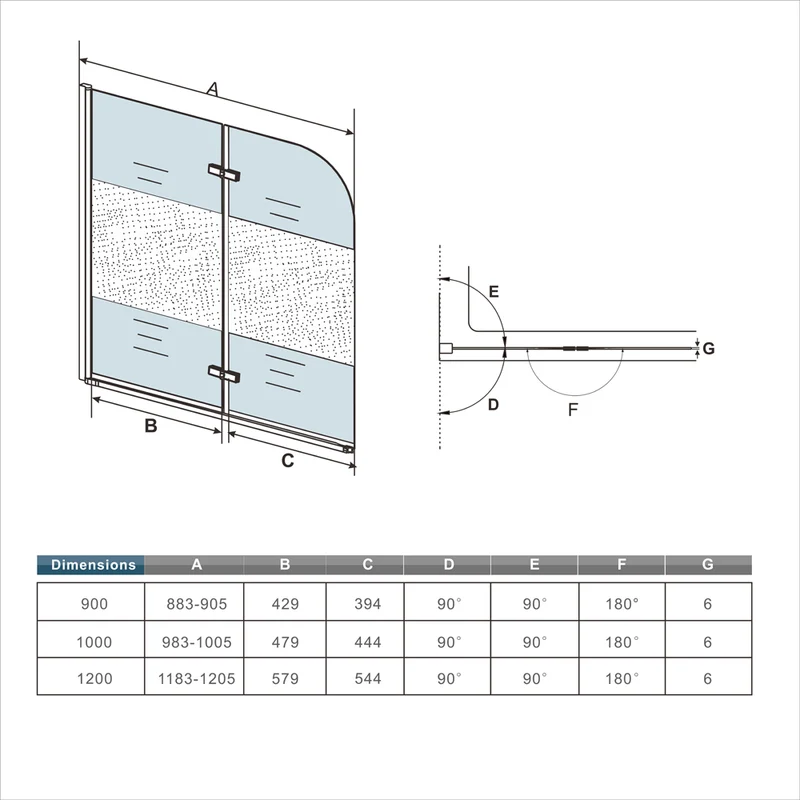 Pare-baignoire 90 / 100 / 120 x140cm Océan écran de baignoire 6mm verre anticalcaire