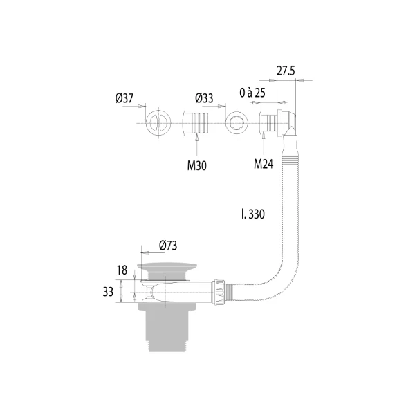 Vidage lavabo trop plein universel avec intercalaire Ø24/30