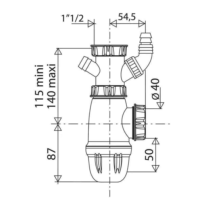 Siphon évier NF diamètre 40 avec 2 prises machine à laver