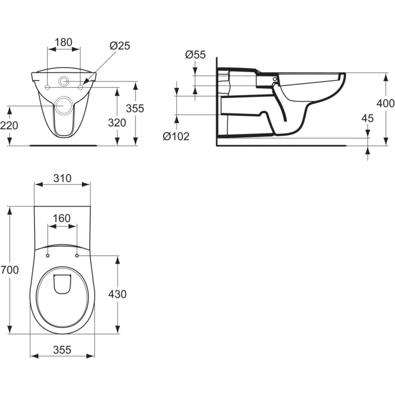 Cuvette WC MATURA indépendante suspendue avec sortie horizontale, blanc réf. P243001 PORCHER