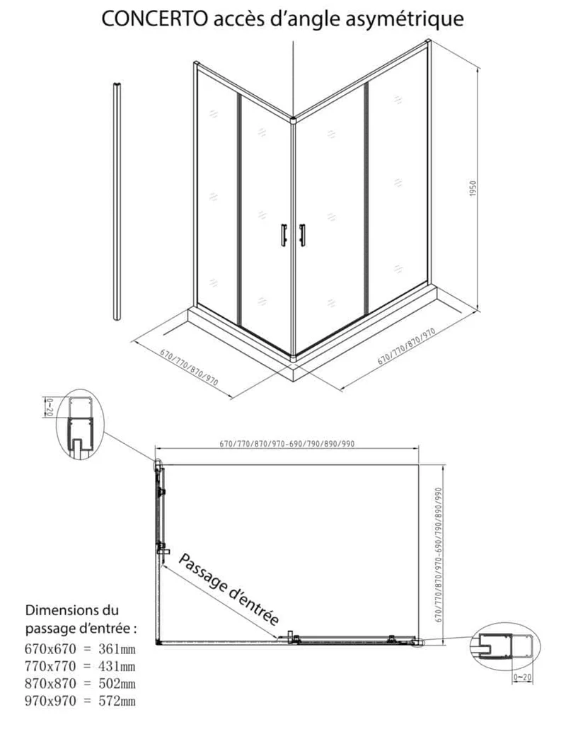 Paroi de douche Alterna Concerto accès en angle un côté réversible longueur 70 cm profilé blanc verre transparent ALTERNA