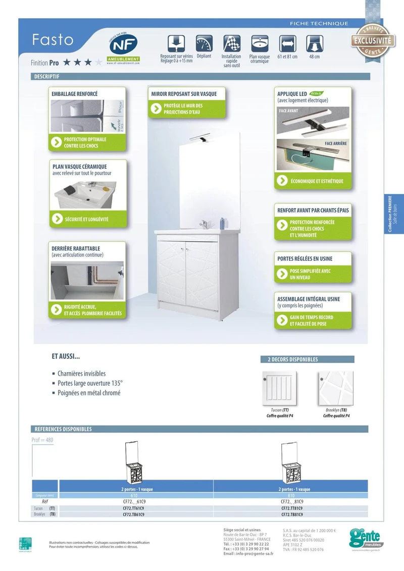 Meuble Sous Plan 2 Portes 550x460x820 Mm Finition Tucson Gente