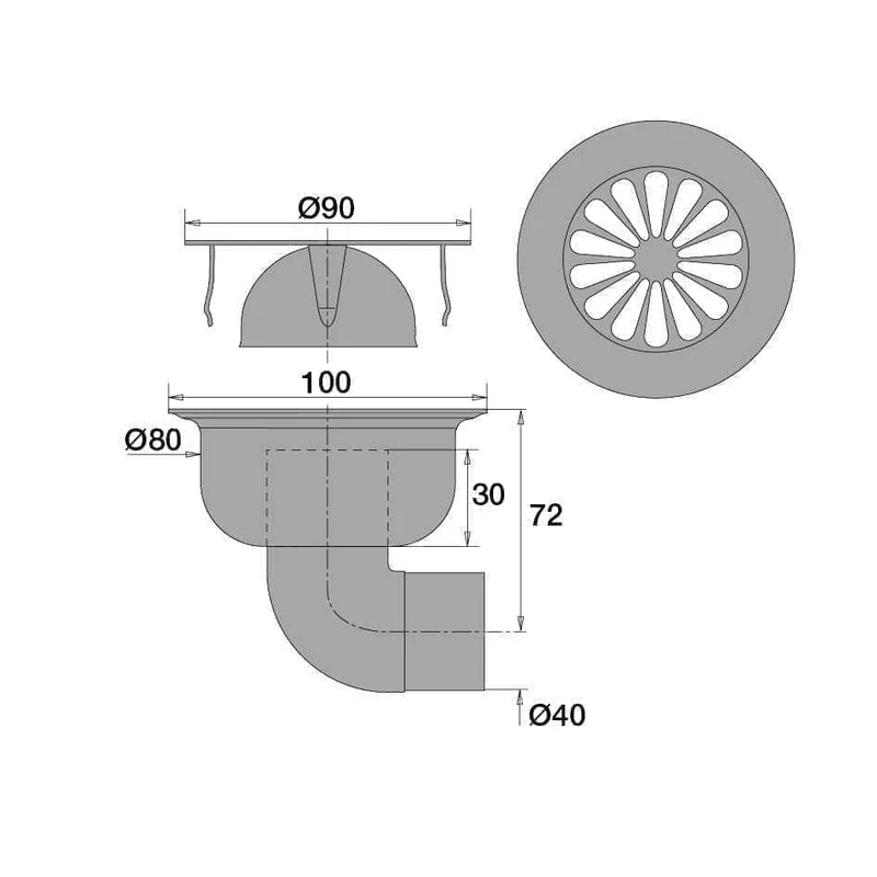 Siphon de sol 100x100 inox cloche de 90 évacuation diam 38 sortie horizontale 46010000000