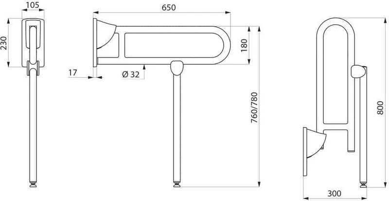 Barre relevable avec béquille D 32 L 650 inox poli brillant réf. 510162P DELABIE