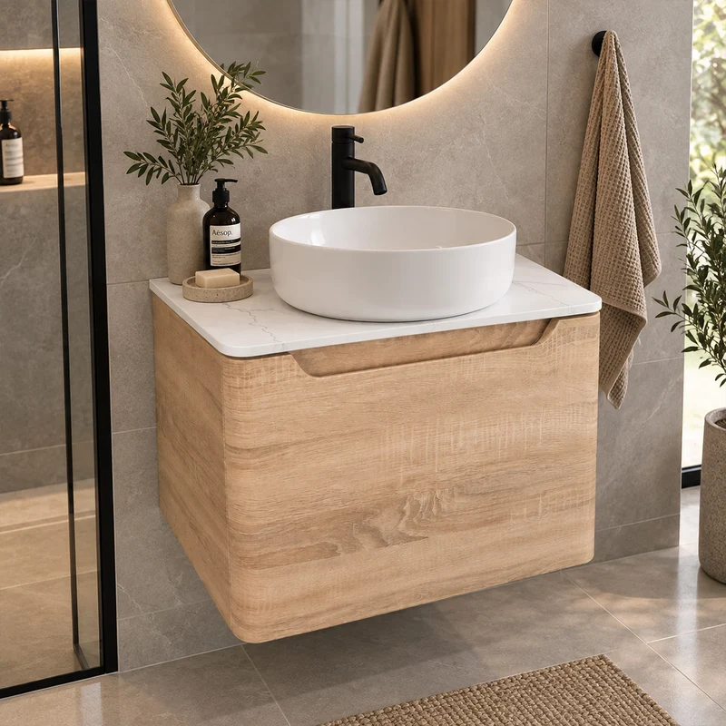 Camden 600mm Wall Hung Vanity Unit & Worktop - Bardolino Oak