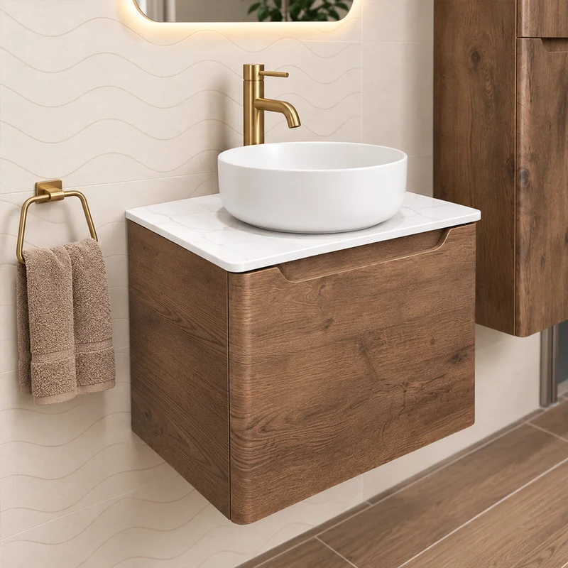 Camden 600mm Wall Hung Vanity Unit & Worktop - Chestnut