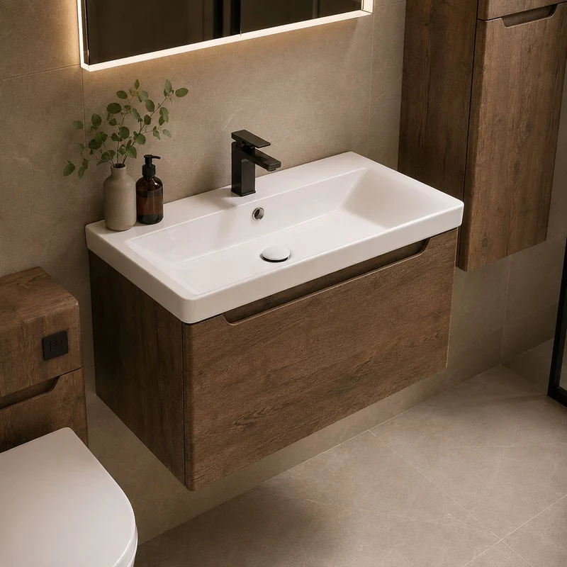 Camden 800mm 1 Drawer Wall Hung Vanity Unit and basin - Chestnut