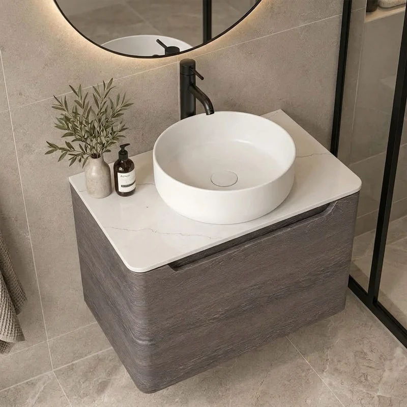 Camden 800mm Wall Hung Vanity Unit & Worktop - Graphite Oak