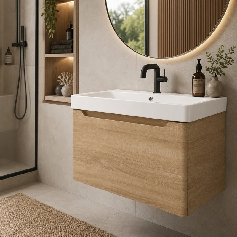 Camden 800mm 1 Drawer Wall Hung Vanity Unit and basin - Bardolino Oak