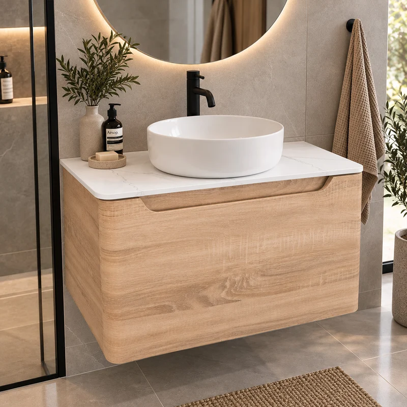 Camden 800mm Wall Hung Vanity Unit & Worktop - Bardolino Oak