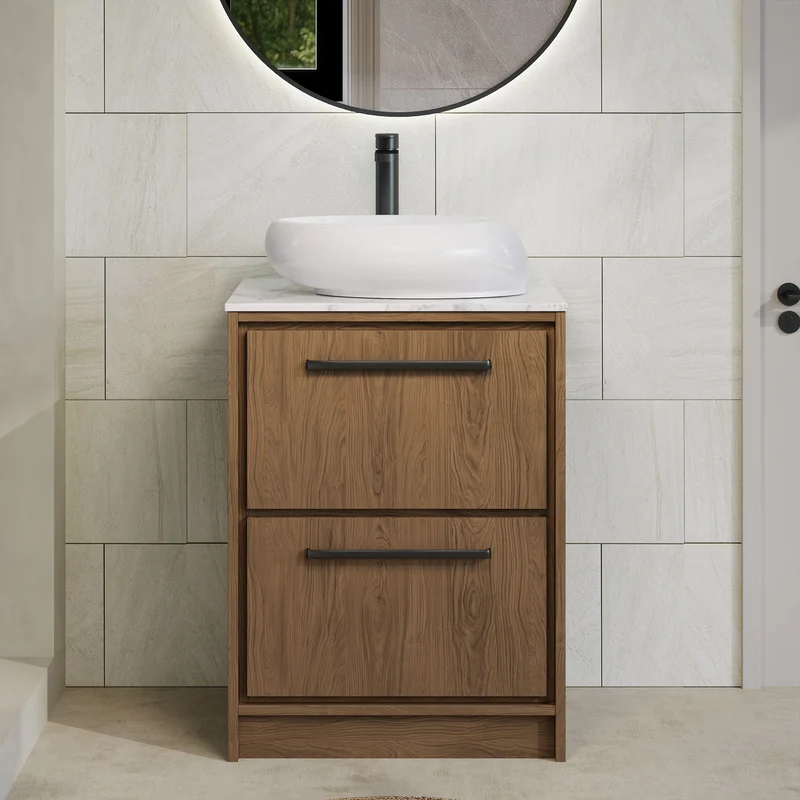 Lille 600mm Floor Standing 2 Drawer Vanity Unit & Carrera Marble Worktop - Antique Oak Woodgrain