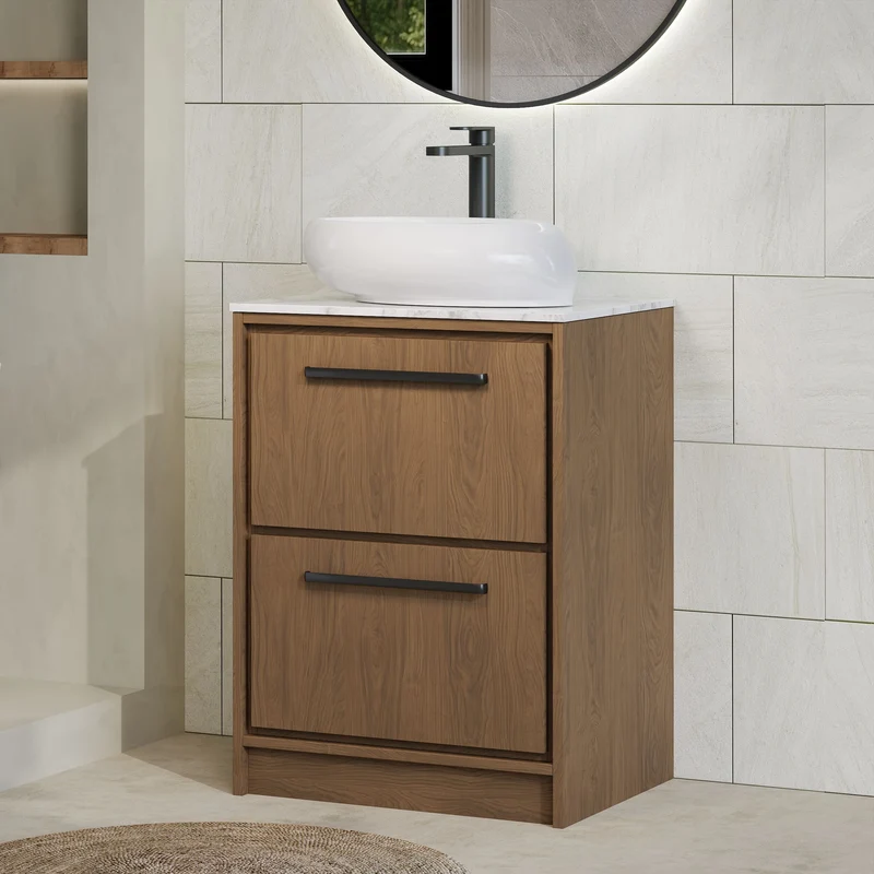 Lille 600mm Floor Standing 2 Drawer Vanity Unit & Carrera Marble Worktop - Antique Oak Woodgrain