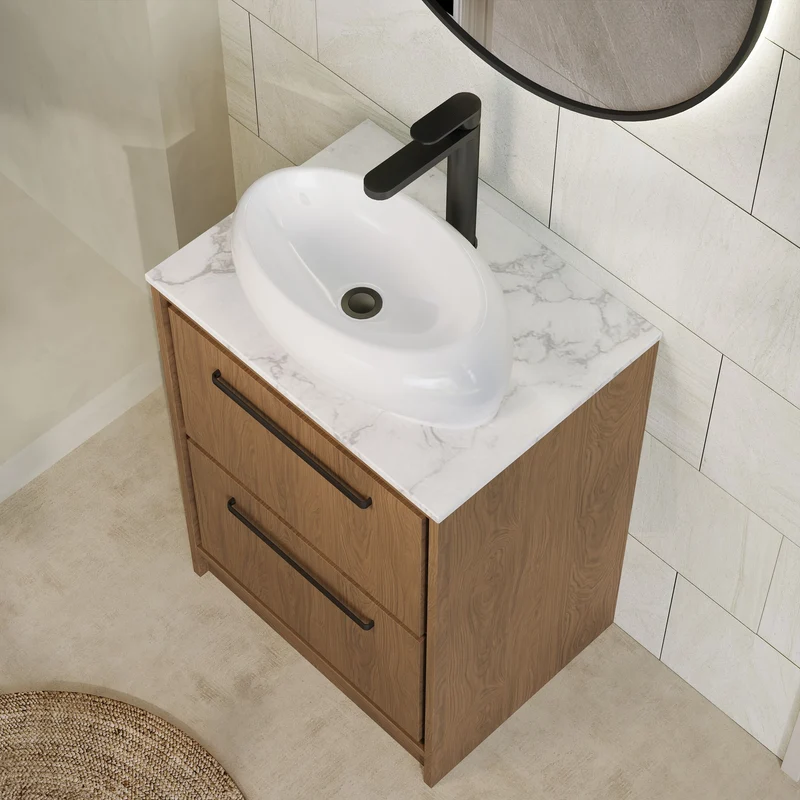 Lille 600mm Floor Standing 2 Drawer Vanity Unit & Carrera Marble Worktop - Antique Oak Woodgrain