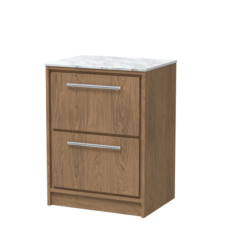 Lille 600mm Floor Standing 2 Drawer Vanity Unit & Carrera Marble Worktop - Antique Oak Woodgrain