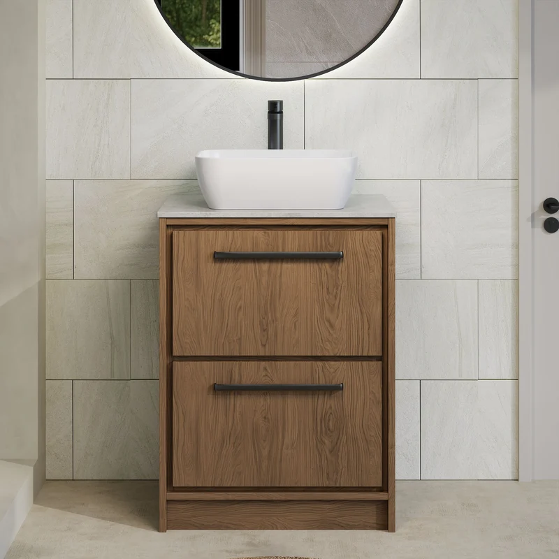 Lille 600mm Floor Standing 2 Drawer Vanity Unit & Grey Marble Worktop - Antique Oak Woodgrain