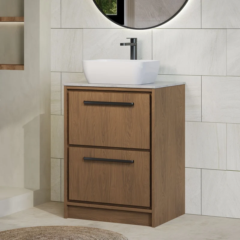 Lille 600mm Floor Standing 2 Drawer Vanity Unit & Grey Marble Worktop - Antique Oak Woodgrain