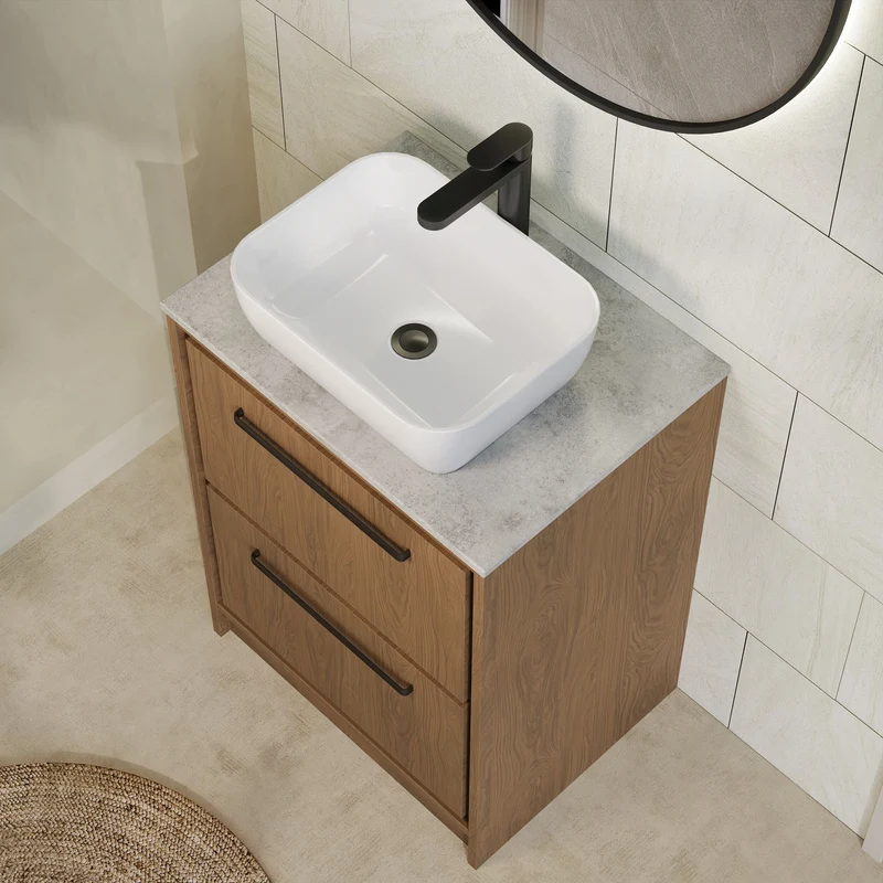 Lille 600mm Floor Standing 2 Drawer Vanity Unit & Grey Marble Worktop - Antique Oak Woodgrain