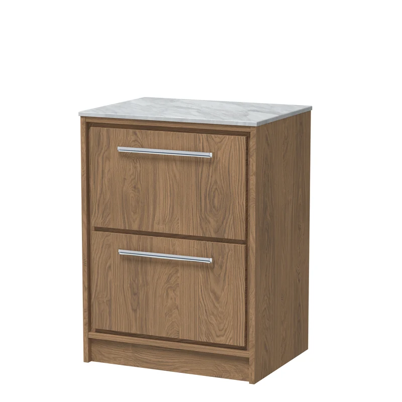 Lille 600mm Floor Standing 2 Drawer Vanity Unit & Grey Marble Worktop - Antique Oak Woodgrain