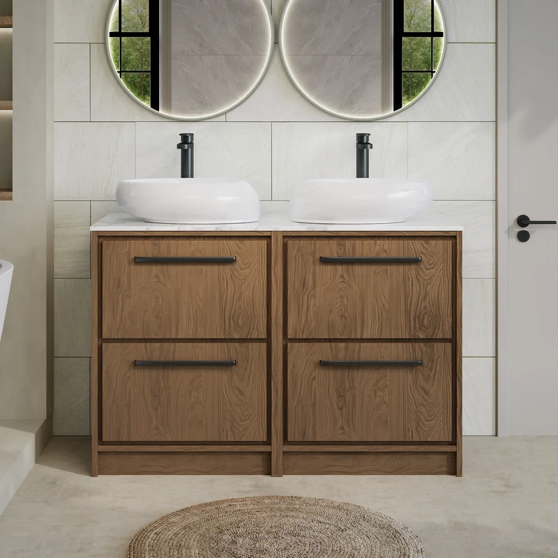 Lille 1200mm Floor Standing 4 Drawer Vanity Unit & Carrera Marble Worktop - Antique Oak Woodgrain