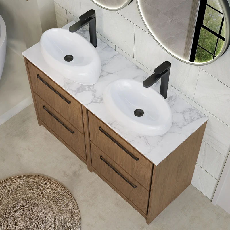 Lille 1200mm Floor Standing 4 Drawer Vanity Unit & Carrera Marble Worktop - Antique Oak Woodgrain