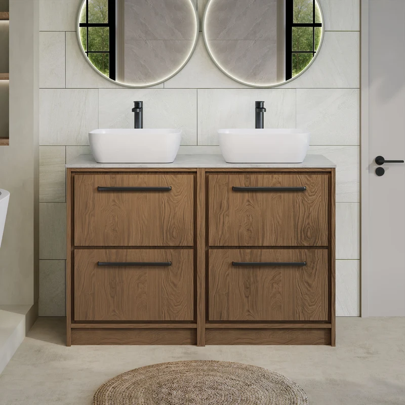 Lille 1200mm Floor Standing 4 Drawer Vanity Unit & Grey Marble Worktop - Antique Oak Woodgrain