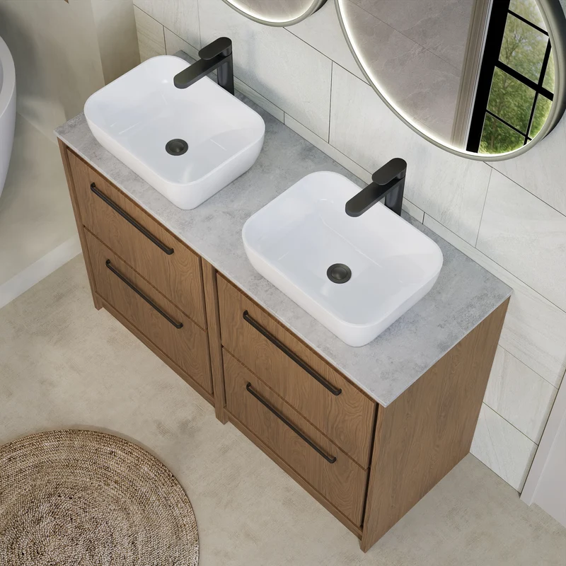 Lille 1200mm Floor Standing 4 Drawer Vanity Unit & Grey Marble Worktop - Antique Oak Woodgrain