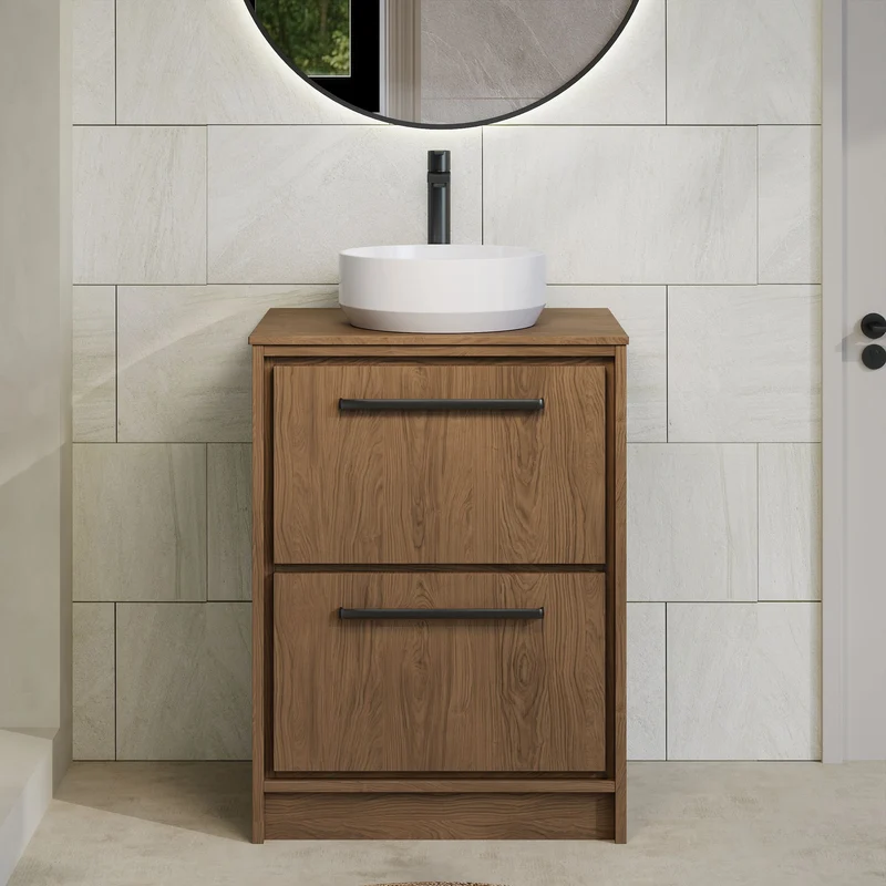 Lille 600mm Floor Standing 2 Drawer Vanity Unit & Worktop - Antique Oak Woodgrain