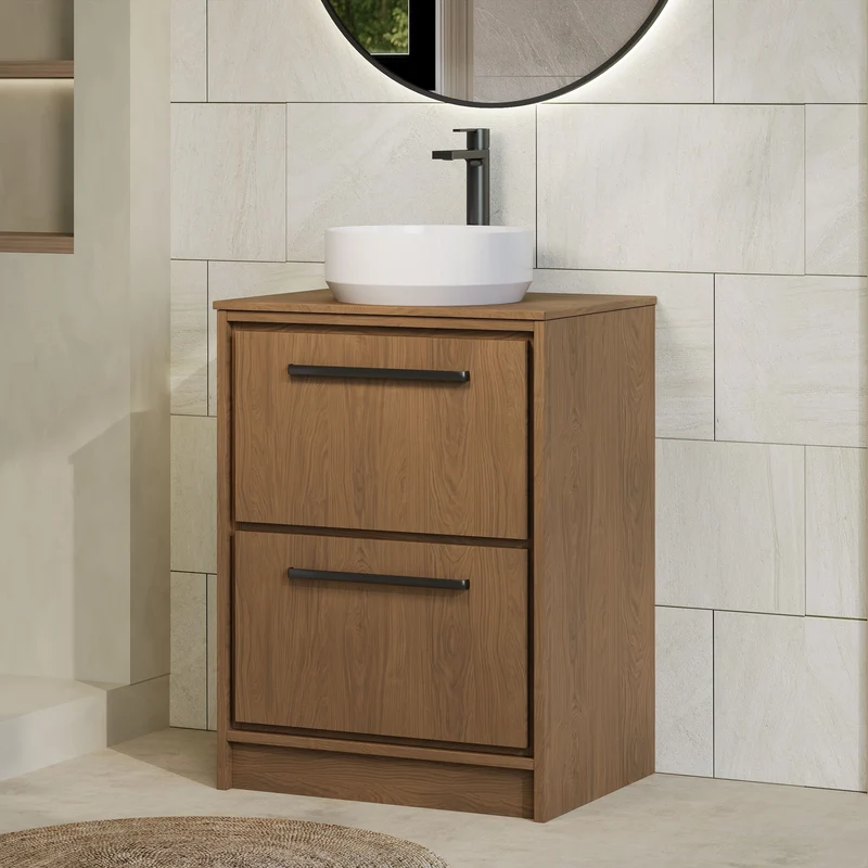 Lille 600mm Floor Standing 2 Drawer Vanity Unit & Worktop - Antique Oak Woodgrain