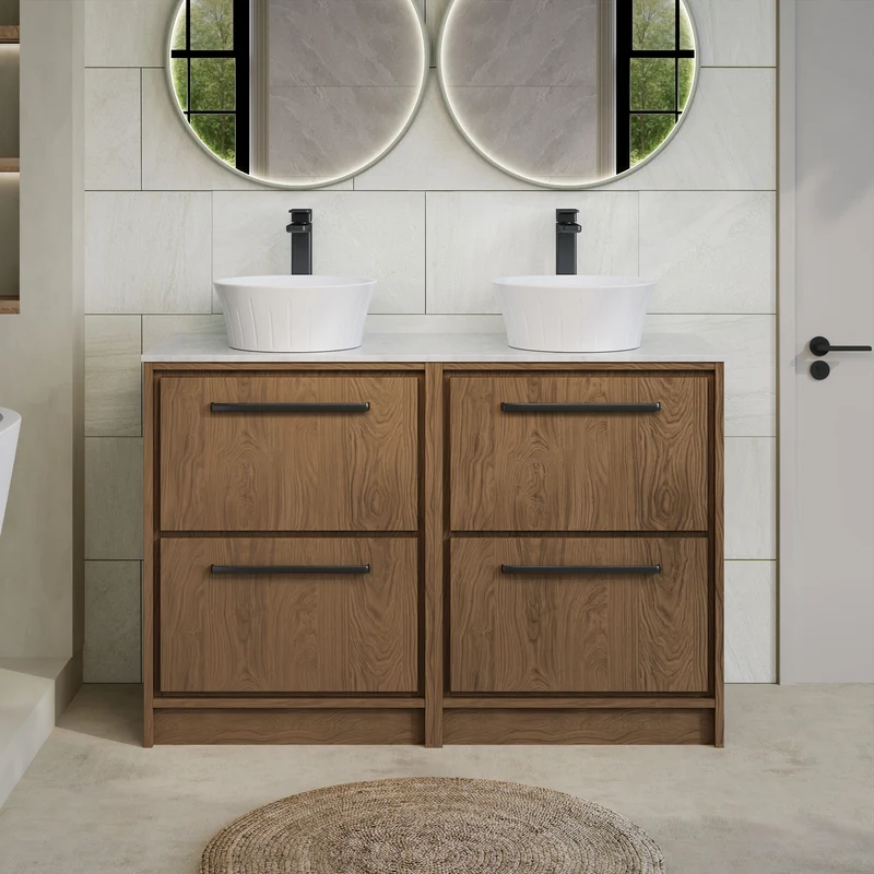 Lille 1200mm Floor Standing 4 Drawer Vanity Unit & White Marble Worktop - Antique Oak Woodgrain
