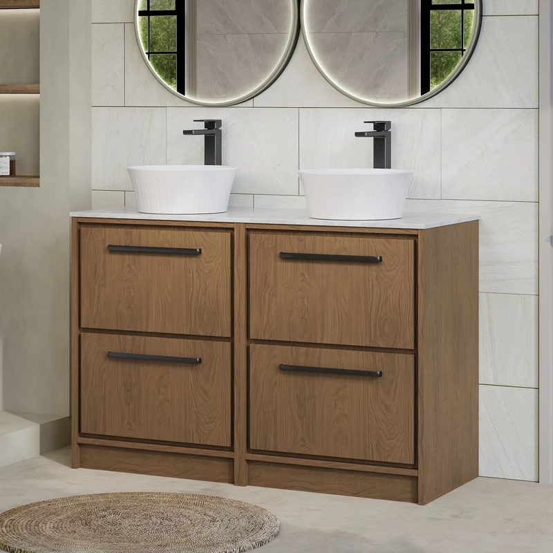 Lille 1200mm Floor Standing 4 Drawer Vanity Unit & White Marble Worktop - Antique Oak Woodgrain