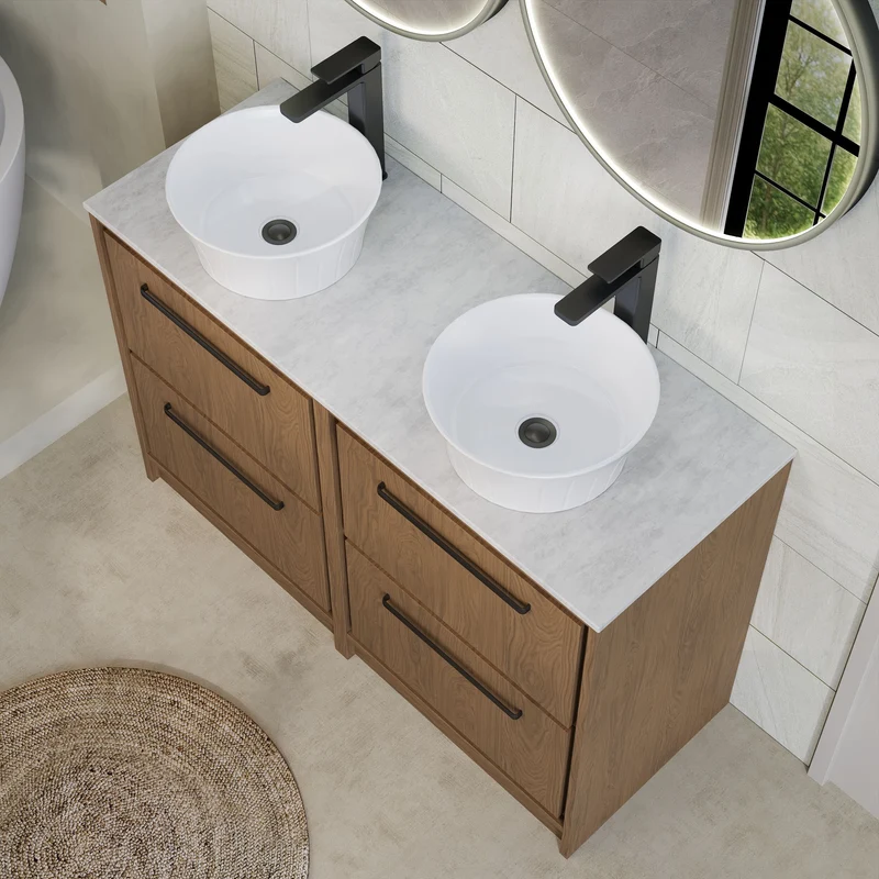 Lille 1200mm Floor Standing 4 Drawer Vanity Unit & White Marble Worktop - Antique Oak Woodgrain