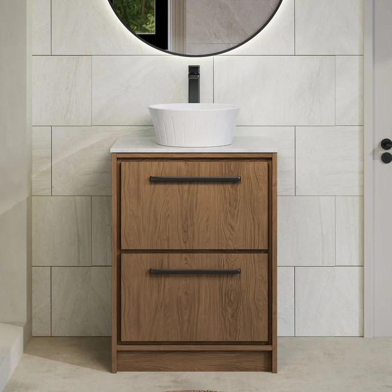 Lille 600mm Floor Standing 2 Drawer Vanity Unit & White Marble Worktop - Antique Oak Woodgrain