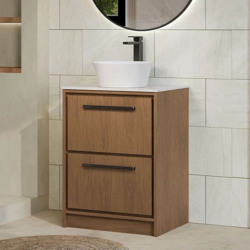 Lille 600mm Floor Standing 2 Drawer Vanity Unit & White Marble Worktop - Antique Oak Woodgrain