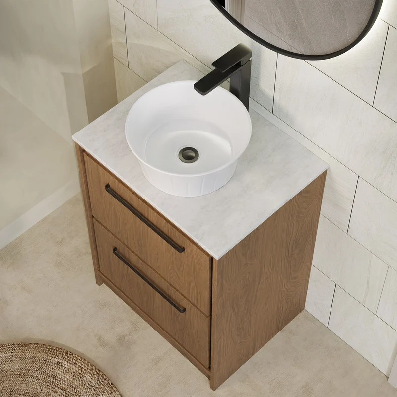 Lille 600mm Floor Standing 2 Drawer Vanity Unit & White Marble Worktop - Antique Oak Woodgrain