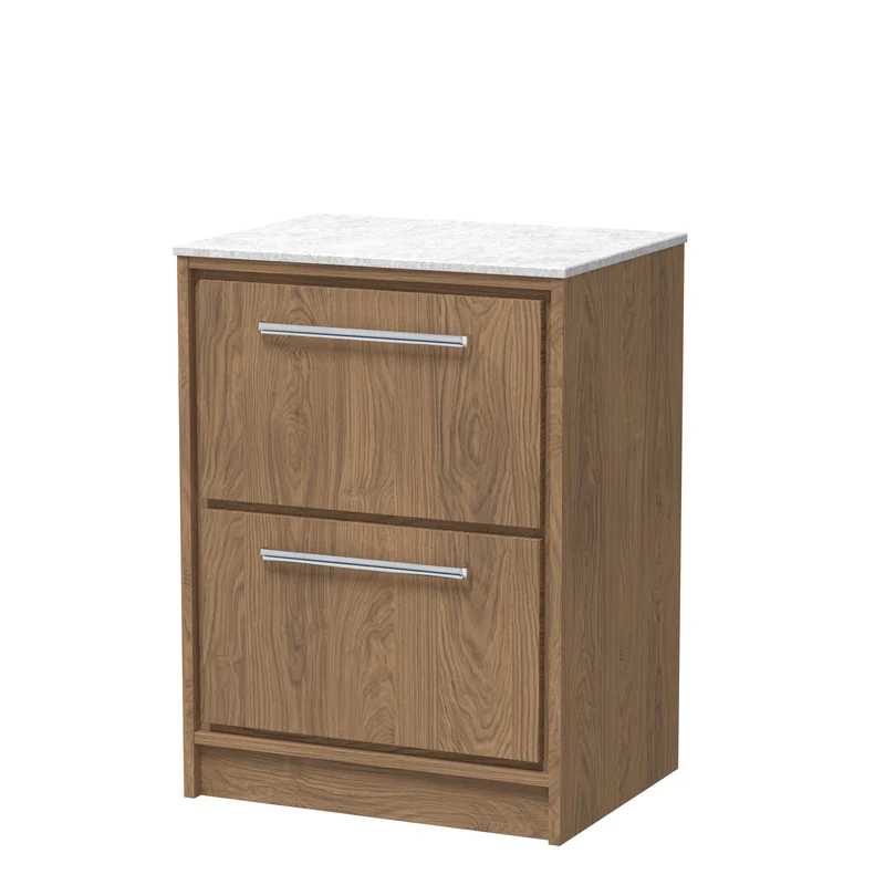 Lille 600mm Floor Standing 2 Drawer Vanity Unit & White Marble Worktop - Antique Oak Woodgrain
