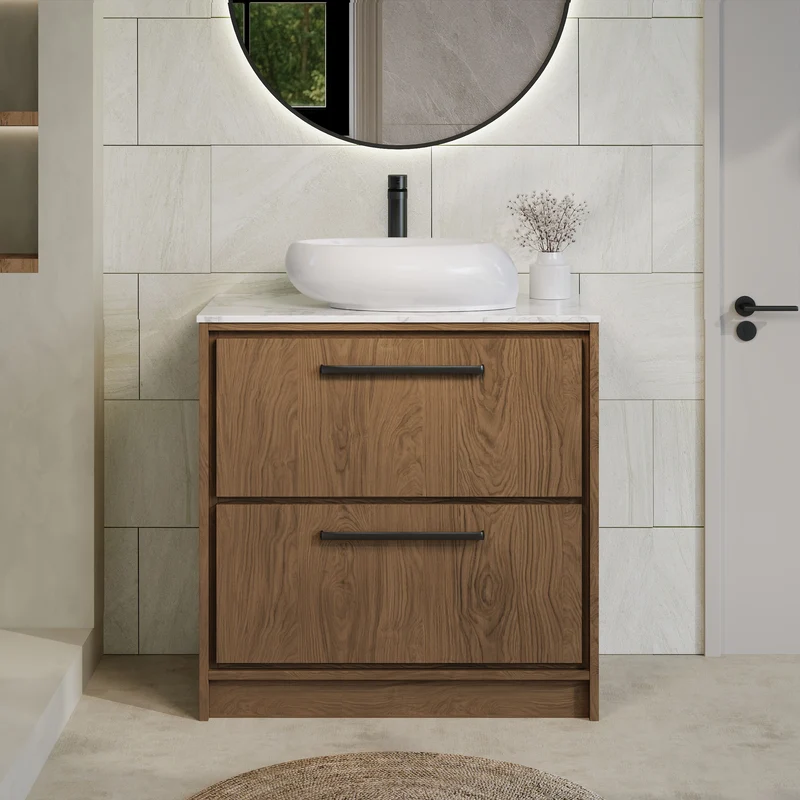 Lille 800mm Floor Standing 2 Drawer Vanity Unit & Carrera Marble Worktop - Antique Oak Woodgrain