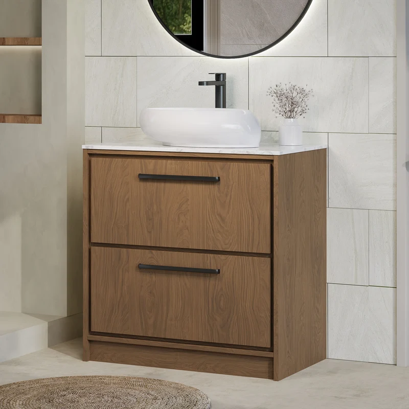 Lille 800mm Floor Standing 2 Drawer Vanity Unit & Carrera Marble Worktop - Antique Oak Woodgrain