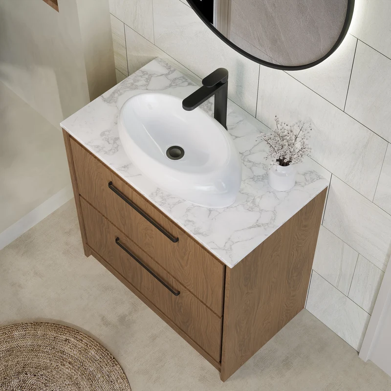 Lille 800mm Floor Standing 2 Drawer Vanity Unit & Carrera Marble Worktop - Antique Oak Woodgrain