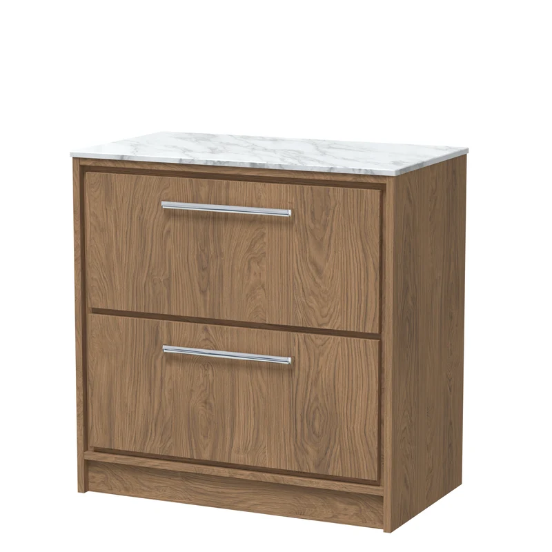 Lille 800mm Floor Standing 2 Drawer Vanity Unit & Carrera Marble Worktop - Antique Oak Woodgrain