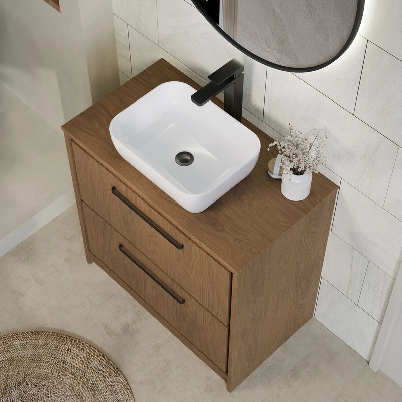 Lille 800mm Floor Standing 2 Drawer Vanity Unit & Worktop - Antique Oak Woodgrain