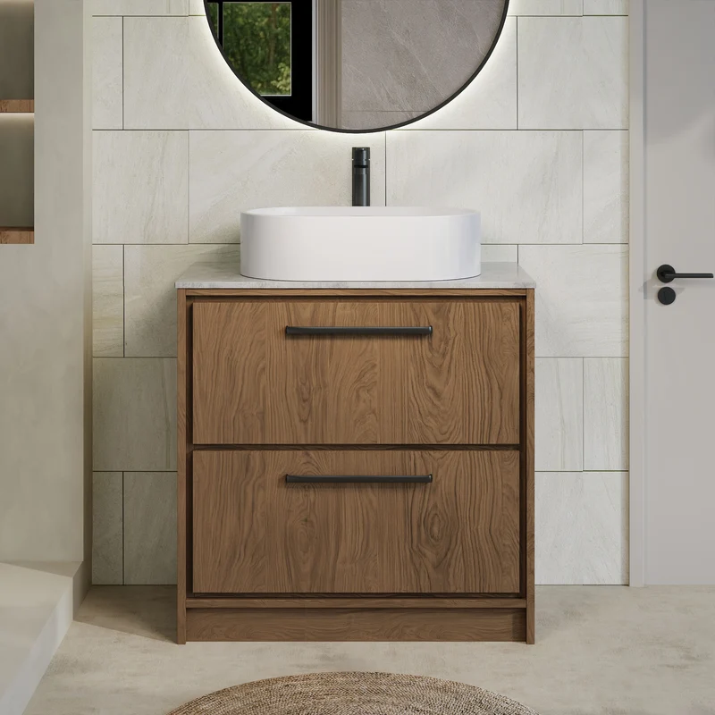 Lille 800mm Floor Standing 2 Drawer Vanity Unit & Grey Marble Worktop - Antique Oak Woodgrain