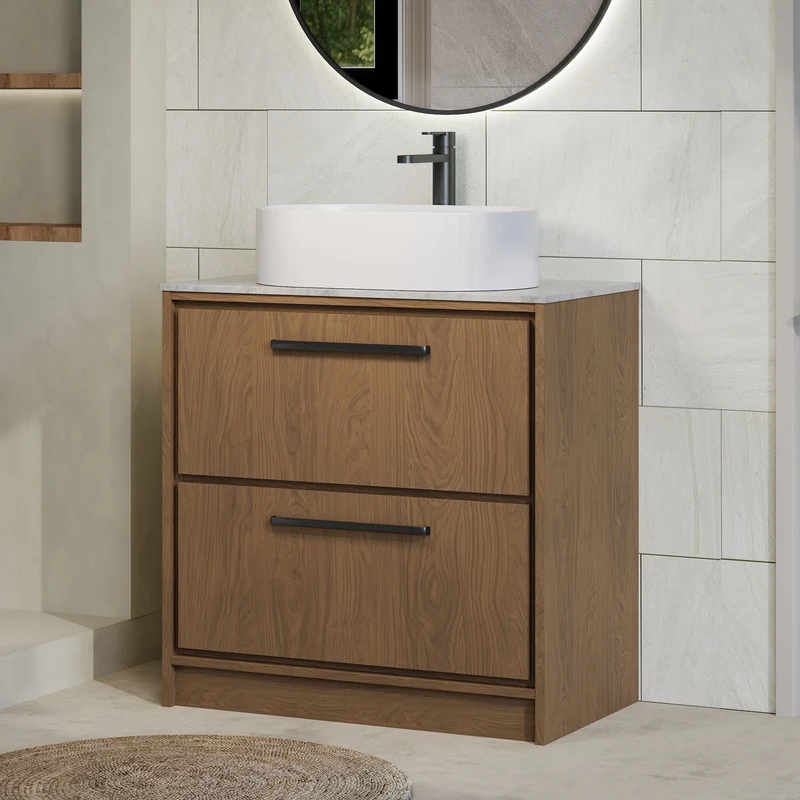 Lille 800mm Floor Standing 2 Drawer Vanity Unit & Grey Marble Worktop - Antique Oak Woodgrain