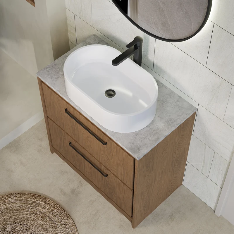 Lille 800mm Floor Standing 2 Drawer Vanity Unit & Grey Marble Worktop - Antique Oak Woodgrain
