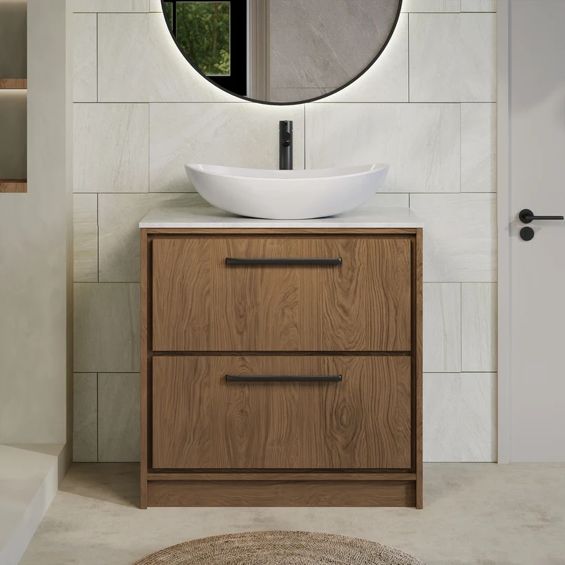 Lille 800mm Floor Standing 2 Drawer Vanity Unit & White Marble Worktop - Antique Oak Woodgrain