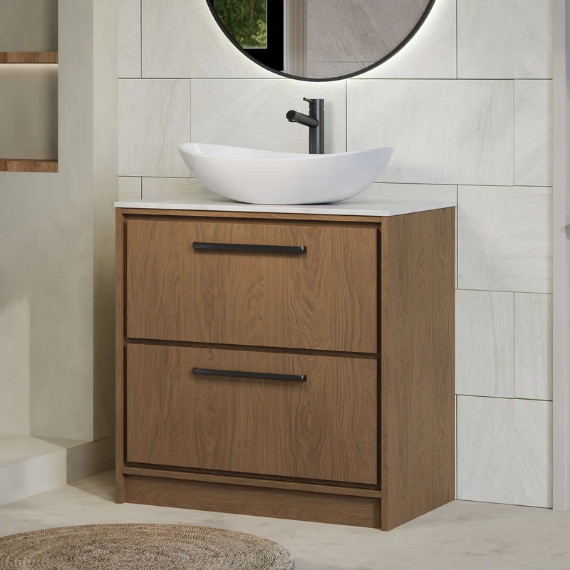 Lille 800mm Floor Standing 2 Drawer Vanity Unit & White Marble Worktop - Antique Oak Woodgrain