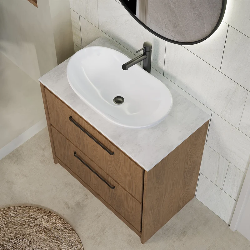 Lille 800mm Floor Standing 2 Drawer Vanity Unit & White Marble Worktop - Antique Oak Woodgrain