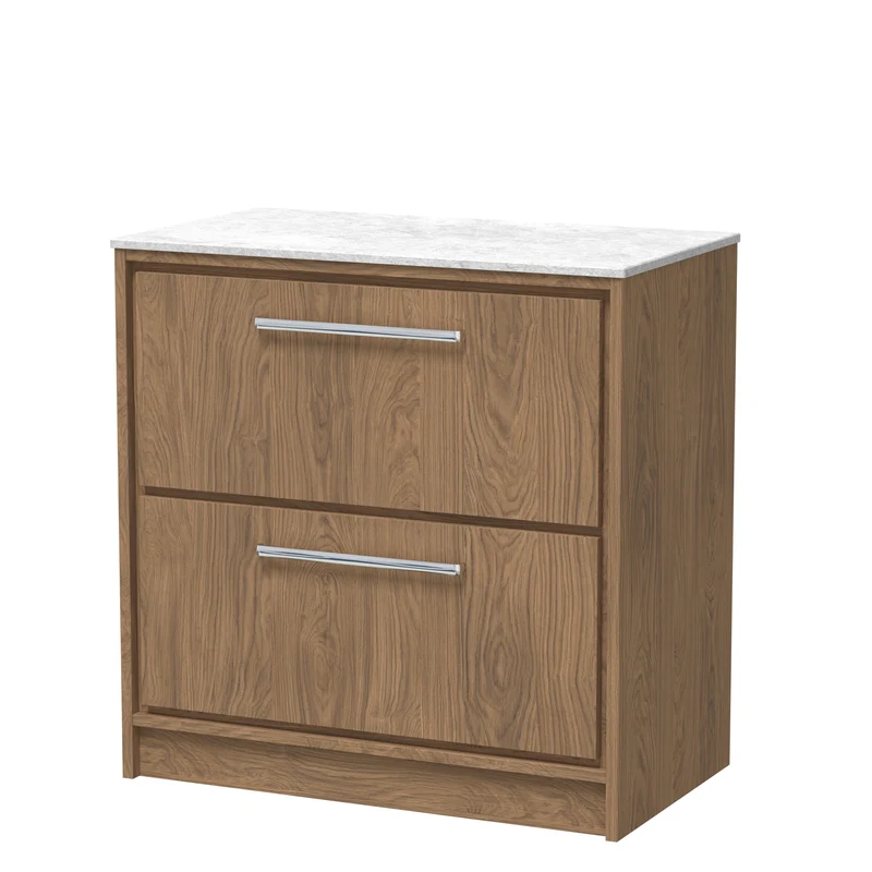 Lille 800mm Floor Standing 2 Drawer Vanity Unit & White Marble Worktop - Antique Oak Woodgrain