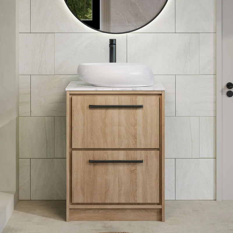 Lille 600mm Floor Standing 2 Drawer Vanity Unit & Carrera Marble Worktop - Bleached Oak Woodgrain