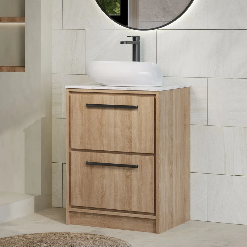 Lille 600mm Floor Standing 2 Drawer Vanity Unit & Carrera Marble Worktop - Bleached Oak Woodgrain