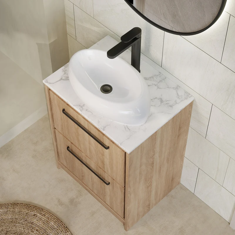 Lille 600mm Floor Standing 2 Drawer Vanity Unit & Carrera Marble Worktop - Bleached Oak Woodgrain